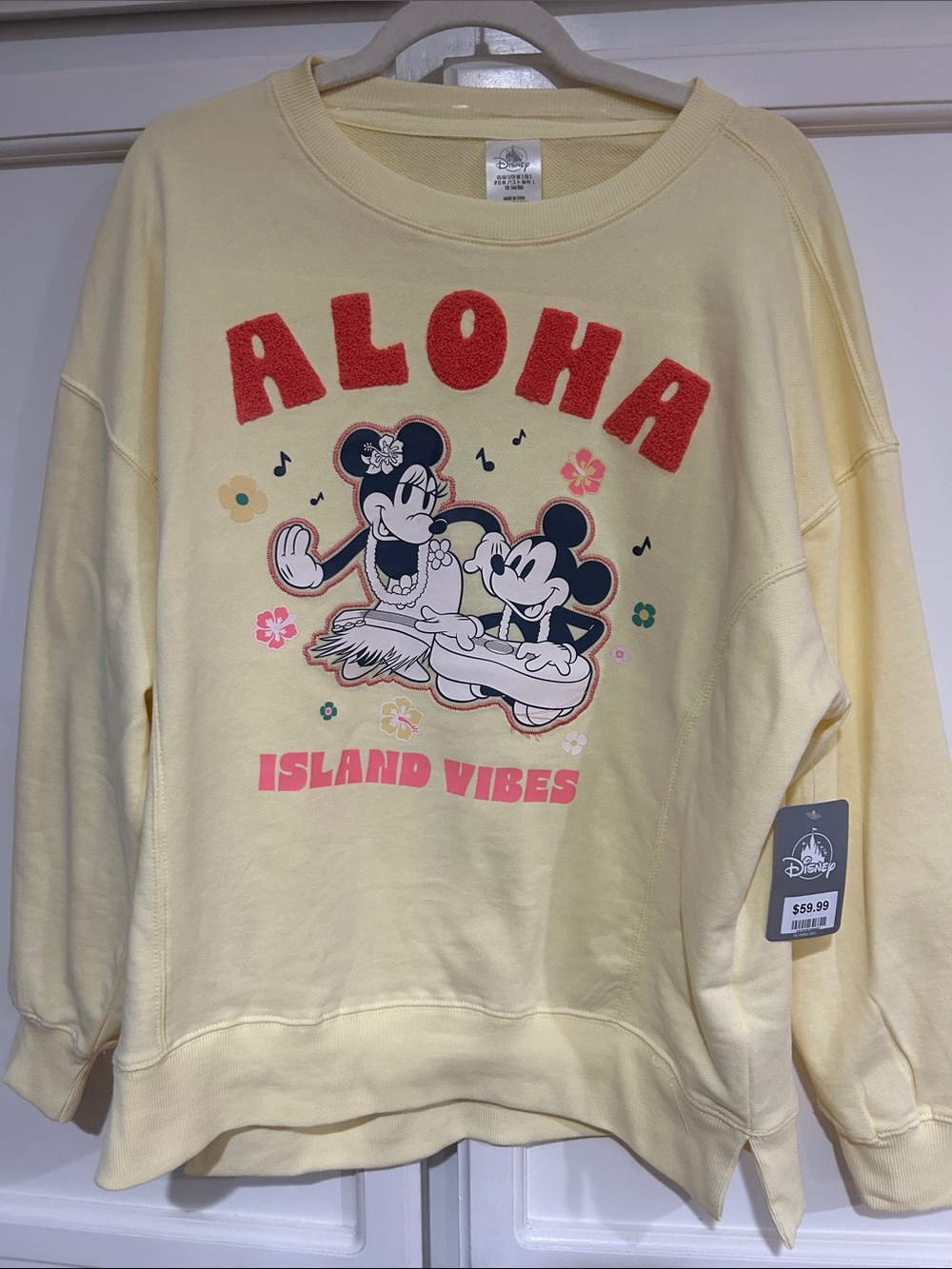 Disney Yellow 'Aloha Island Vibes' Crewneck Sweater with Mickey & Minnie